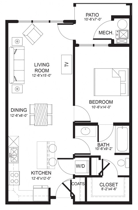 Floor plan for 1 bed, 1 bath, 706 sqft